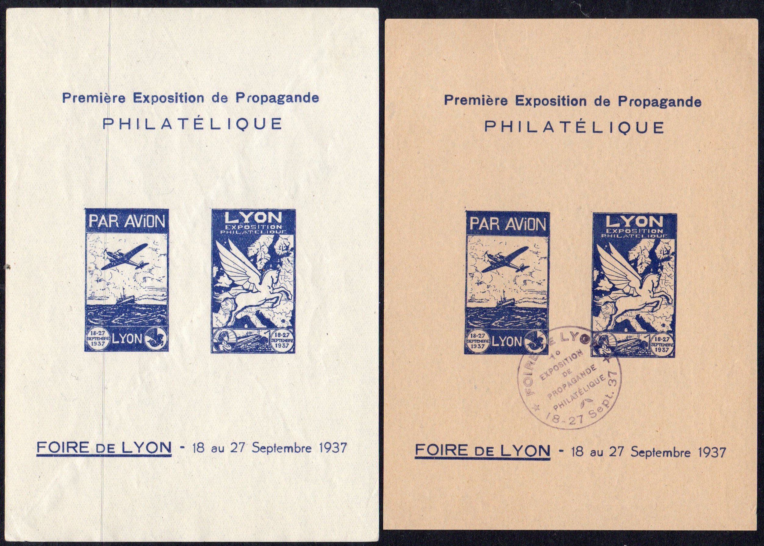 France : Lyon : Timbres Vignettes Cinderella Première Exposition de Propagande Philatélique, feuillet Lyon 1937